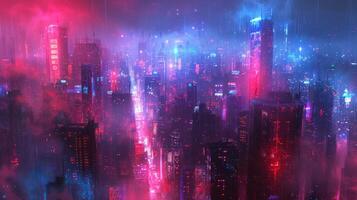 AI generated A luminous cityscape with neon lights and holographic elements. photo