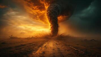 AI generated A massive tornado swirls across a barren landscape, devastating everything in its path. photo