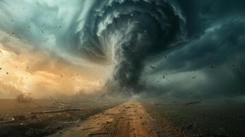 AI generated A massive tornado swirls across a barren landscape, devastating everything in its path. photo