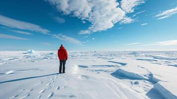 AI generated A person standing alone on a vast, icy Antarctic landscape. photo