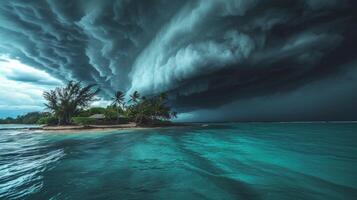 ai generado un poderoso huracán telares terminado un pequeño isla, con oscuro nubes y feroz vientos foto