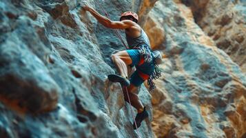 ai generado un rock trepador escalada un escarpado acantilado, músculos tenso, agarre estrechamente a el rock rostro. foto