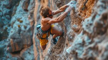 ai generado un rock trepador escalada un escarpado acantilado, músculos tenso, agarre estrechamente a el rock rostro. foto