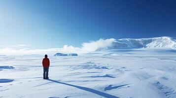 AI generated A person standing alone on a vast, icy Antarctic landscape. photo