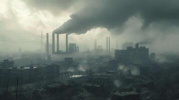 AI generated A scene of a ruined factory with smoke emanating from the chimneys, reminiscent of a post-apocalyptic world. photo