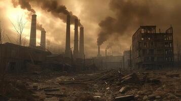 AI generated A scene of a ruined factory with smoke emanating from the chimneys, reminiscent of a post-apocalyptic world. photo