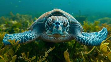 AI generated a sea turtle gracefully glides underwater. Its shell is covered in marine algae and aquatic plants. photo
