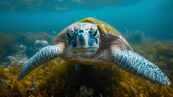 ai generado un mar Tortuga graciosamente se desliza submarino. sus cáscara es cubierto en marina algas y acuático plantas. foto