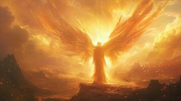 AI generated A Seraphic Being, Radiant Wings Spanning, Embraced by Sunlight Against a Desert Backdrop. photo