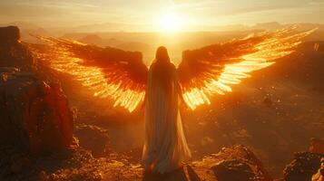 AI generated A Seraphic Being, Radiant Wings Spanning, Embraced by Sunlight Against a Desert Backdrop. photo