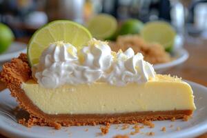 AI generated A slice of key lime pie, featuring a tangy citrus filling in a buttery graham cracker crust, topped with whipped cream. photo