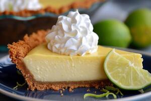 ai generado un rebanada de llave Lima tarta, presentando un picante agrios relleno en un mantecoso Graham galleta corteza, coronado con azotado crema. foto