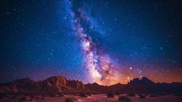 AI generated A starry night sky over a quiet desert, with a brilliant display of the Milky Way.. photo