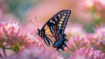 AI generated a swallowtail butterfly, large and colorful, is perched delicately on a pale pink flower. photo