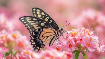 AI generated a swallowtail butterfly, large and colorful, is perched delicately on a pale pink flower. photo