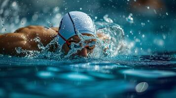 AI generated A swimmer cutting through water in a pool, creating ripples, in mid-stroke. photo