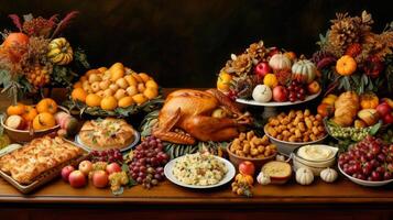 AI generated A Thanksgiving feast with a cornucopia of autumn colors and traditional dishes. photo