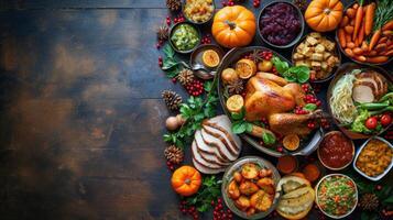 AI generated A Thanksgiving feast with a cornucopia of autumn colors and traditional dishes. photo