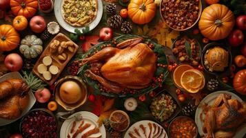 AI generated A Thanksgiving feast with a cornucopia of autumn colors and traditional dishes. photo