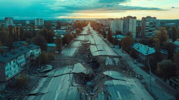AI generated A violent earthquake cracks open the ground, splitting roads and toppling buildings. photo