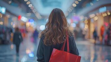 ai generado un joven niña con un rojo compras bolso camina mediante un compras centrar foto