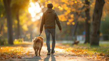 AI generated A young handsome man is walking with his dog in the park. photo