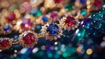 AI generated An abstract composition of radiant jewelry, featuring radiant sapphires, rubies, and emeralds in a harmonious array. photo