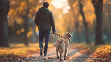 ai generado un joven hermoso hombre es caminando con su perro en el parque. foto