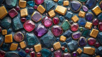 ai generado un resumen composición de radiante joyas, presentando radiante zafiros, rubíes, y esmeraldas en un armonioso formación. foto