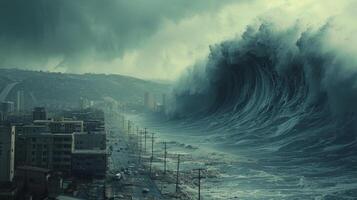 ai generado un enorme tsunami ola choques sobre un costero ciudad, causando extendido destrucción. foto