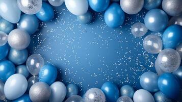 AI generated Beautiful background with blue and silver inflatable balloons. photo