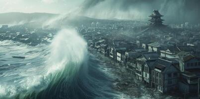 AI generated An enormous tsunami wave crashes onto a coastal city, causing widespread destruction. photo