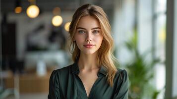 AI generated Beautiful young woman in a dark green office dress stands in a modern office. photo