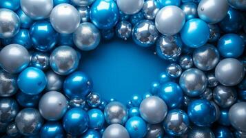 AI generated Beautiful background with blue and silver inflatable balloons. photo