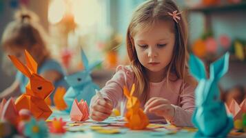 ai generado niños elaboración intrincado papel conejitos, infundir el casa con Pascua de Resurrección encanto. foto