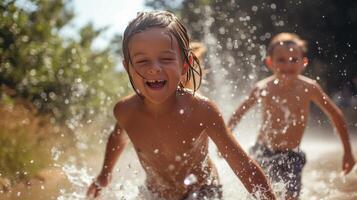 AI generated Children running through sprinklers, their faces lit up with joy on a sunny day. photo