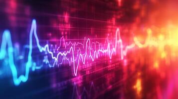 AI generated Colorful, pulsating ECG waves illustrating heart activity and rhythm on a digital monitor photo