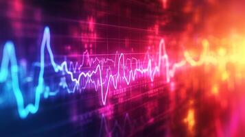 AI generated Colorful, pulsating ECG waves illustrating heart activity and rhythm on a digital monitor photo