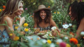 AI generated Friends enjoying a picnic amidst blossoming flowers, sharing laughter and delicious food in the garden. photo