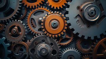AI generated Gears, cogs, and mechanical parts interlocking, symbolizing the synergy of industrial machinery photo