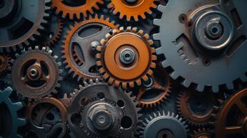 AI generated Gears, cogs, and mechanical parts interlocking, symbolizing the synergy of industrial machinery photo