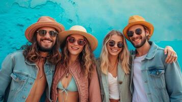 ai generado amigos posando en elegante atuendo, celebrando el final de un memorable viaje foto