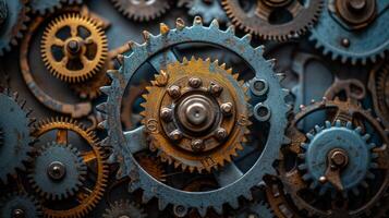 AI generated Gears, cogs, and mechanical parts interlocking, symbolizing the synergy of industrial machinery photo