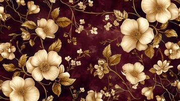 AI generated Gilded vines and blossoms on a deep burgundy background, exuding opulent romance photo