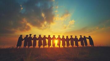 AI generated Graduates linking arms, forming a human chain symbolizing unity and accomplishment. photo