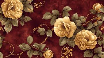 AI generated Gilded vines and blossoms on a deep burgundy background, exuding opulent romance photo