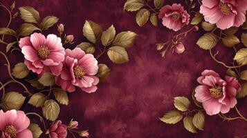 AI generated Gilded vines and blossoms on a deep burgundy background, exuding opulent romance photo