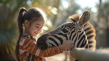 AI generated Girl at the zoo petting a zebra. photo