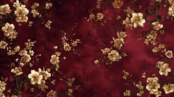 AI generated Gilded vines and blossoms on a deep burgundy background, exuding opulent romance photo