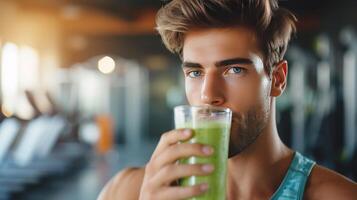 AI generated Handsome young man drinking celery smoothie. Blurred gym background from behind. photo